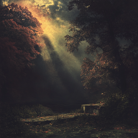 Eine dunkle Waldlichtung mit einer alten Bank, der Himmel wird von Lichtstrahlen erleuchtet, die durch die Wolken brechen, Herbstblätter auf den Bäumen, eine geheimnisvolle und schöne Atmosphäre, im Stil von Ölgemälden, mit sanfter Beleuchtung