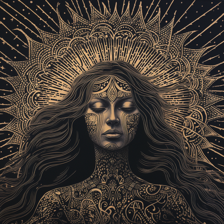 Das Cover einer Lithografie, die eine goldene Frau mit langen, wallenden Haaren zeigt, im Stil von Fraktalpunk, komplizierter Punktarbeit, Götterstrahlen, hochdetailliertem Realismus, dunklen Hell-Dunkel-Figurgemälden, konzeptueller digitaler Kunst, UHD-B