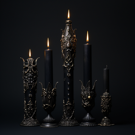 5 künstlerisch verzierte schwarze Kerzen vor einem schwarzen Hintergurnd auf schwarzem Grund
