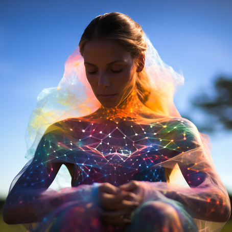 Eine sitzende und meditierende Frau die umgeben ist, von einem energetischen Schutz in geometrischer Form mit Linien und Punkte, in regebogen Farbe