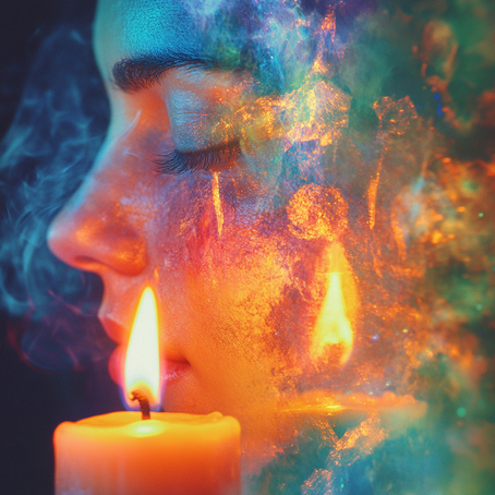 Eine Nahaufnahme des Gesichts, beleuchtet von Kerzenlicht und leuchtenden Farben, die in sanften Wellen um sie herumwirbeln. Die Augen der Frau sind geschlossen, während sie tief in die Flamme atmet. Doppelbelichtungsfotografie, holografisch, hohe Auflösu