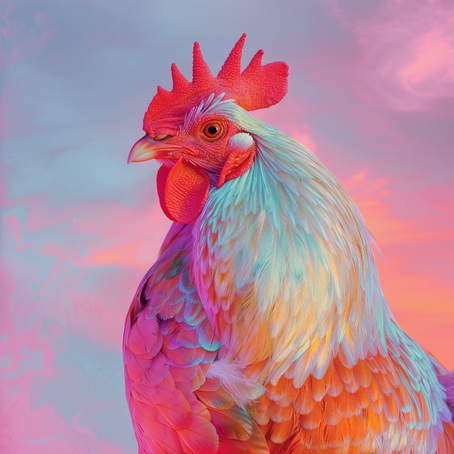 Ein Huhn sieht man seitlich bis zur Brust, es hat einen rosa glanz, einzelnde federn leuchten in cyan, der Hintergrund ist ein heller Himmel in blauen rosa und orangen farben