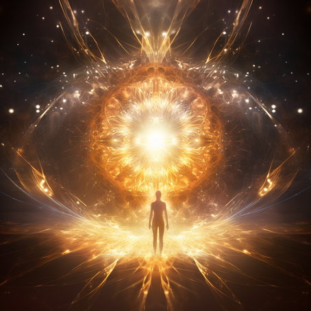 Ätherisches Auge aus Licht bestehend, dass auf die Silhouette einer Person schaut, spirituell, mystisch