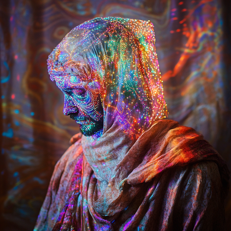 Eine holografische Darstellung des Hologramm-Mönchs, verziert mit komplizierten Mustern und leuchtenden Farben, die in verschiedenen Regenbogentönen schimmern, konzentriert sich auf das Gesicht.