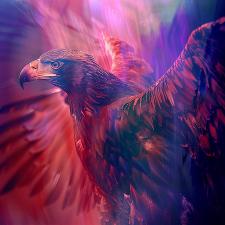 Ein Adler mit ausgespreizten Flügeln seitlich abgelichtet, rot-violette und pinke Farbüberlagerungen, engelhafte Lichteffekte und Weichzeichnung