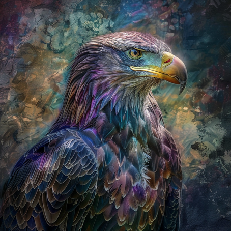 Eine wunderschöne Illustration eines Adlers in einem metallischen Look er ist bis zu den Schultern zu sehen, in den Farben violett, petrol, altrosa, orange gelb, der Hintergrund ist in den gleichen Farben einwenig heller