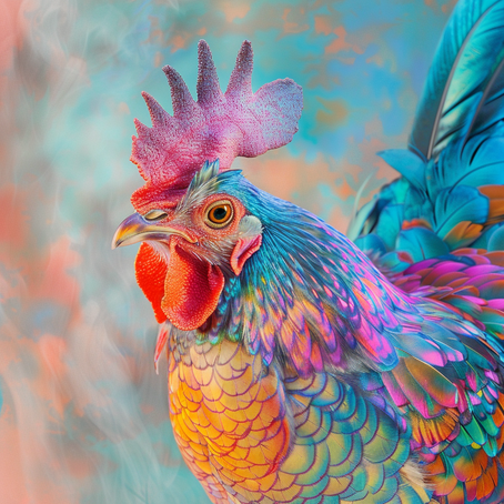 Ein Huhn seitlich zu sehen bis zur Brust, in auffäligen Farben wie pink, orange und hellblau, der Hintergrund ist weiss rauchig weiter hinten ist eine wand in hellblau und rosa