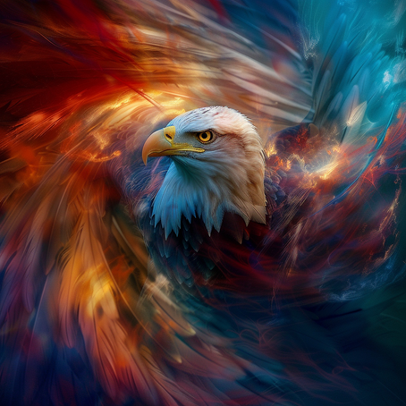 Illustration eines Adlers mit weissem Kopf, seine Flügel sind ausgespreizt und verlaufen wie in einem Wirbel um ihn herum, sind weichgezeichnet, in den Farben orange, rot, weiss, blau, azur und hell blau