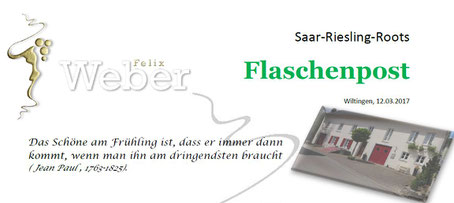 Newsletter Weingut Felix Weber, Wiltingen, Saar-Riesling-Roots, Flaschenpost, 