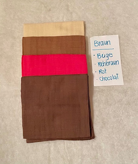 Farbpalette Rot / Braun für Nuscheli, Atelier Irene Bollhalder