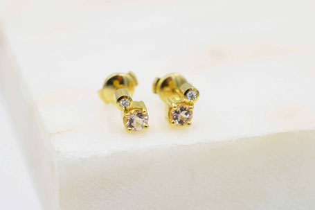 Boucles d'oreilles en or jaune 18 carats et pierre morganite et petit diamant d 18k