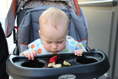 Stroller snack tray used for eating. Travel with baby