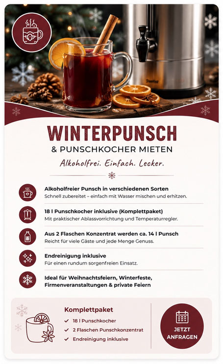 Weihnachtsmarktstand mit köstlichem Punsch, Glühwein, Kakao