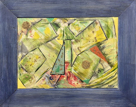 Kunstwerk „HYLE“ mit abstrakter Komposition aus farbigen Flächen, integriert in handgefertigten Holzrahmen. Ausdruck des formbaren Urstoffs, inspiriert von Philosophie. Symbol für künstlerische Transformation, Bewegung und menschliches Gestalten.