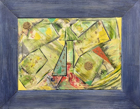 Kunstwerk „HYLE“ mit abstrakter Komposition aus farbigen Flächen, integriert in handgefertigten Holzrahmen. Ausdruck des formbaren Urstoffs, inspiriert von Philosophie. Symbol für künstlerische Transformation, Bewegung und menschliches Gestalten.