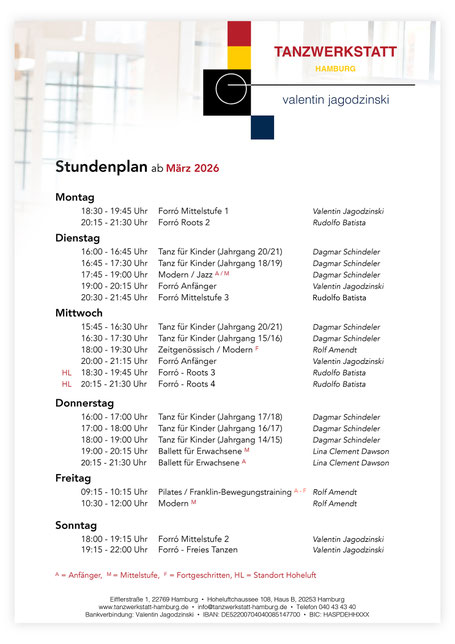 Stundenplan Tanzstudio Tanzschule Tanzwerkstatt Hamburg Hoheluft