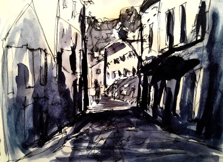 Skizze einer Gasse in Bad Tölz, zeichnung und schwarze aquarellfarbe