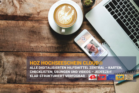 Smartphone und Laptop mit HOZ HOCHSEESCHEIN CLOUD® – digitale Karten, Checklisten, Übungen und Videos jederzeit verfügbar.