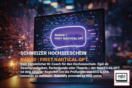 Schreibtisch mit Laptop und Navigationsmaterial: NAKAD | FIRST NAUTICAL GPT® – KI-gestützte Schweizer Hochseeschein-Ausbildung bei HOZ Schweiz.