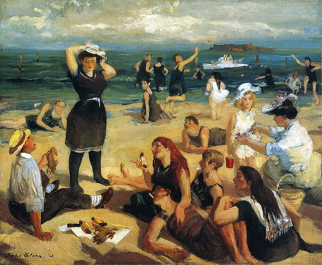 Un groupe de baigneurs en tenues 1900 sur la plage avec du vent des enfants et au loin une île. #ayniart #provence #art