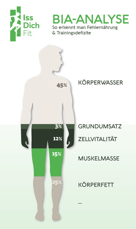 Auflistung der Körperanteile: 25% Fett, 15% Muskelmasse, 12% Zellvitalität, 3% Grundumsatz, 45% Wasser