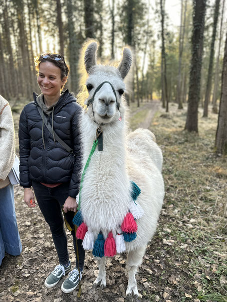 Frau führt Lama durch den Wald während der Kronacker Runde.