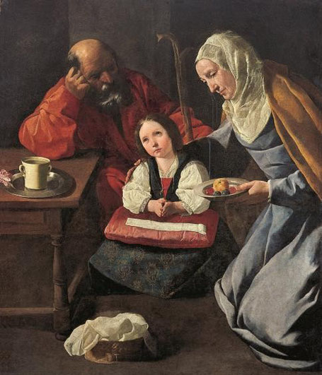 La familia de la Virgen de Francisco Zurbarán.1630-35.Obra aislada de devoción privada,la escena de gran intimidad familiar representa a la Virgen niña sentada rodeada de sus padres,aire doméstico de gran humanidad.