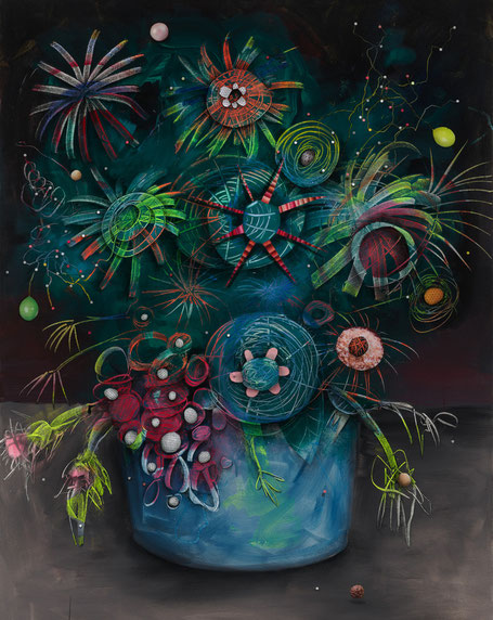 Johanna Flammer, Stillleben mit Luftballons, 2025, 130 x 100 x 4,4 cm, Mischtechnik auf Leinwand