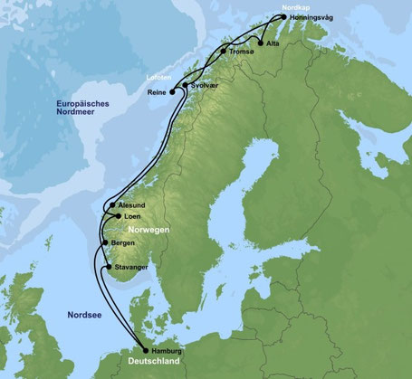 Hurtigruten Route Hamburg Nordkap 2026