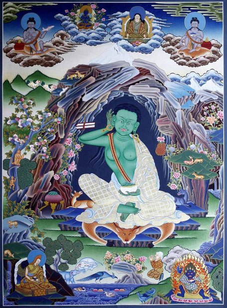 Milarepa in seiner Himalaya-Höhle; tibetische Darstellung