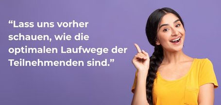 Erstelltes Bild mit einer Frau, die eine Frage beantwortet "Lass uns schauen, wie die Teilnehmenden sich durch den Einlass bewegen."