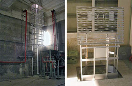 Bottom ladder with safety cage