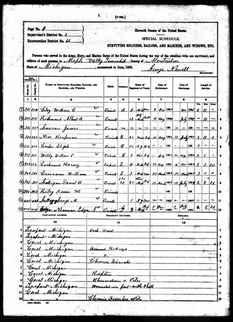 He was enumerated on the 1890 Veterans Census for Montcalm County, Michigan, as a resident of Trufant.