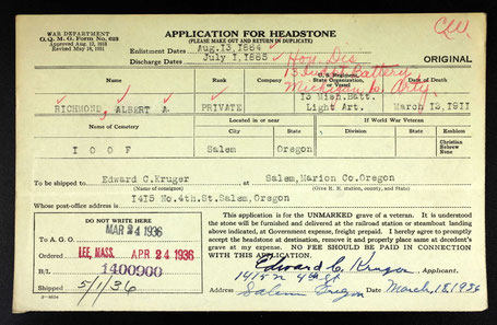 Application for Headstone - March 18, 1936