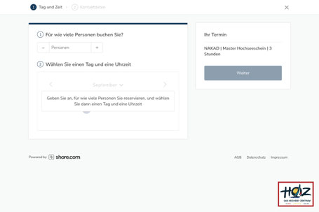 NAKAD™ Backoffice Terminplaner – Schritt 2: Anzahl Personen, Tag und Uhrzeit für den Hochseeschein-Kurs auswählen.