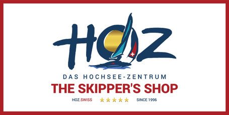 HOZ Hochseezentrum Logo mit Segelyacht und Schweizer Flagge, The Skipper’s Shop, offizieller nautischer Ausrüster seit 1996.