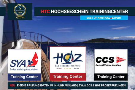HOZ Hochseeschein Trainingcenter mit SYA und CCS vor einer fahrenden Motorjacht – Schweizer Hochseeschein-Ausbildung und Prüfungsvorbereitung.