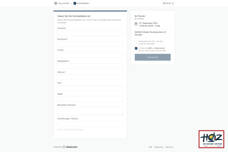 NAKAD™ Backoffice Terminplaner – Schritt 5: Eingabe der Kontaktdaten für die Kursreservierung.