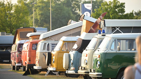 Historische VW Bullis in verschieden Farben auf dem Campingplatz 2026