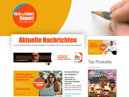 Das Bild zeigt einen Screenshot des Home-Bildschirms des TOYS & GAMES Report