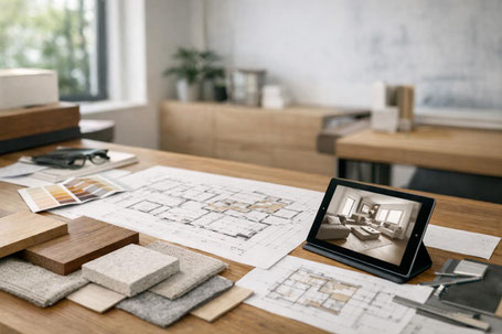 Plans d’aménagement intérieur avec échantillons de matériaux, palette de textures et visualisation 3D sur tablette