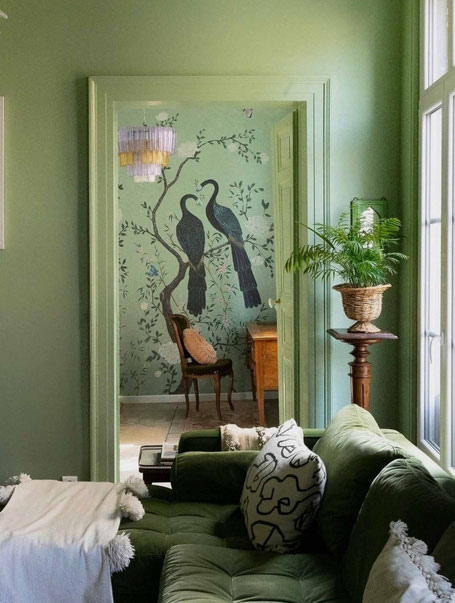 Décor panoramique nature, déco tendance romantique chic, couleurs rose poudré, brun et vert sauge, décoration murale près de Nantes, Sautron, La Baule