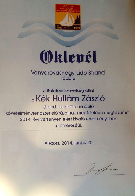 Диплом (Оklevél) 2014 года, выданный пляжу Лидо.