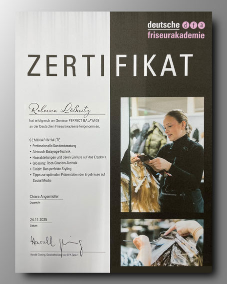 Zertifikat des DFA-Seminars PERFECT BALAYAGE für Rebecca Lößnitz