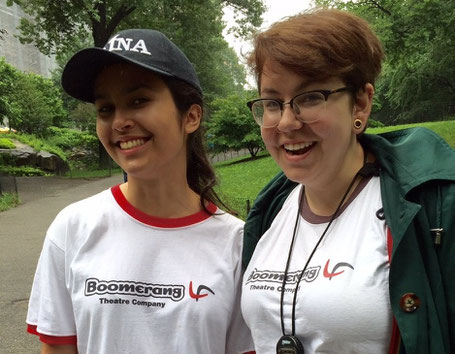 Assistant Stage Manager intern Daniella Gonzalez y Perez (left) with PSM (and former intern) Kathryn Meister working on CYMBELINE in Central Park (2015)