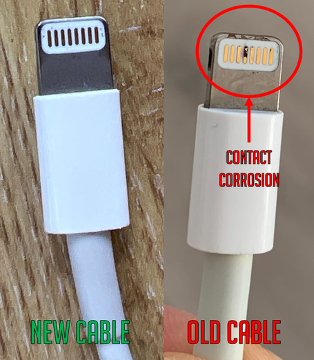 Figura 1. Ejemplo de corrosión de contacto en un Lightning Charger Cable de Apple.