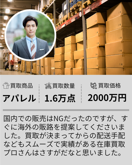アパレル在庫買取事例 買取数量1.6万点 買取価格2000万円 国内販売NGでも海外販路提案でスムーズに取引成功 在庫買取プロの実績紹介