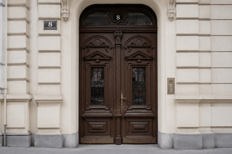 Historisches Eingangsportal eines typischen Wiener Altbaus. Enge Zugänge und Altbau-Stiegenhäuser stellen beim Möbeltransport in Wien besondere Herausforderungen dar.