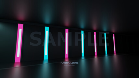 青とピンクのネオンライトに照らされた通路　部屋　3DCGレンダリング素材