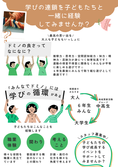 小学生・保護者・学生が協力する『みんなでドミノ』イベントのチラシ。学びの循環やドミノの良さ、保護者スタッフ募集内容を図と吹き出しで紹介